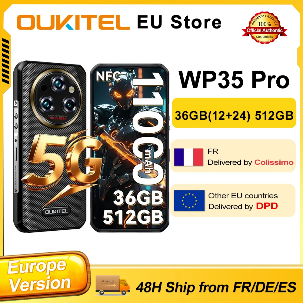 Oukitel WP35 Pro Android 14 Smartphone robuste 36GB(12 + 24) 512GB 6.6 ''FHD + 5G 11000mAh 33W 64MP NFC double SIM téléphone portable