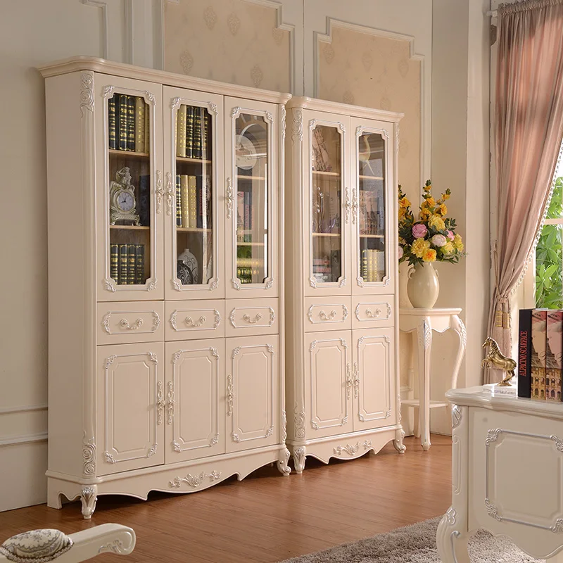 

Simple European glass door free combination bookcase white bookshelf assembly, three-door living room lattice cabinet bookcase