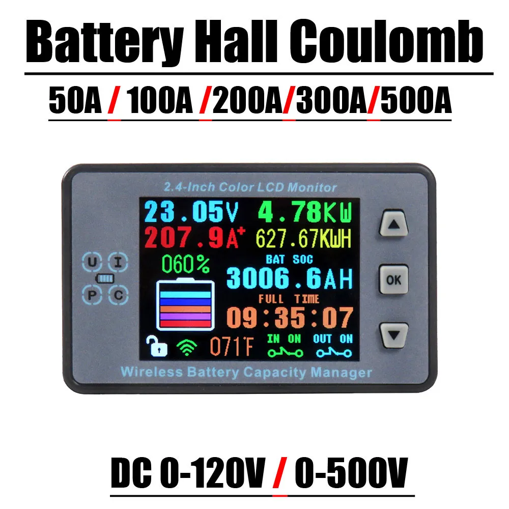 Wireless Hall Coulomb Medidor Monitor de Bateria Capacidade Tensão Corrente Temperatura Power Display Carga Descarga Tester 2.4