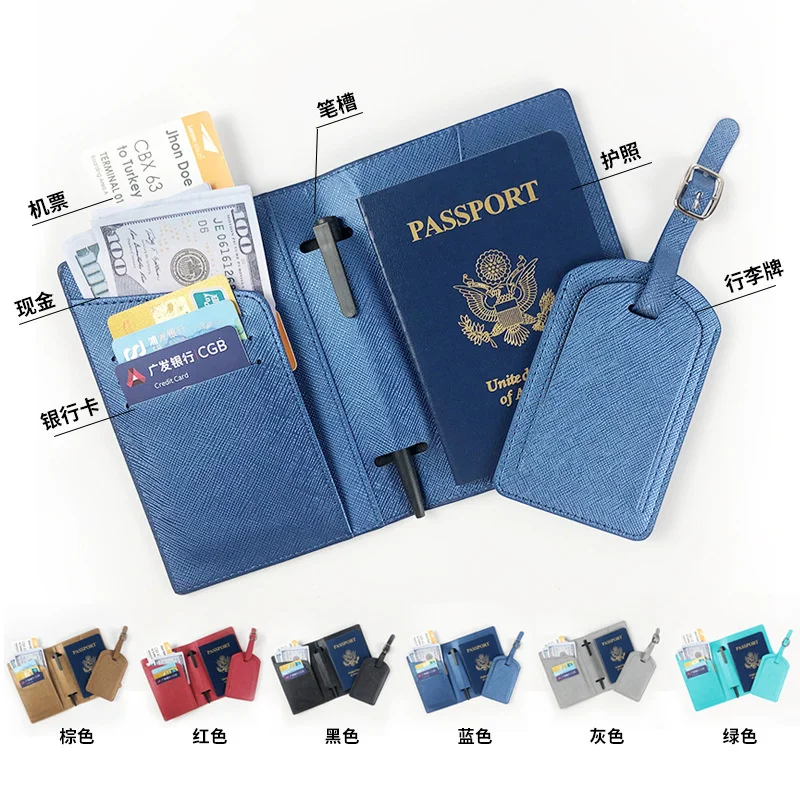 Custom Letters Saffiano PU Leather Travel Passport Cover Luggage Tag Set Multifunctional Pen Ticket Credit Card Passport Holder