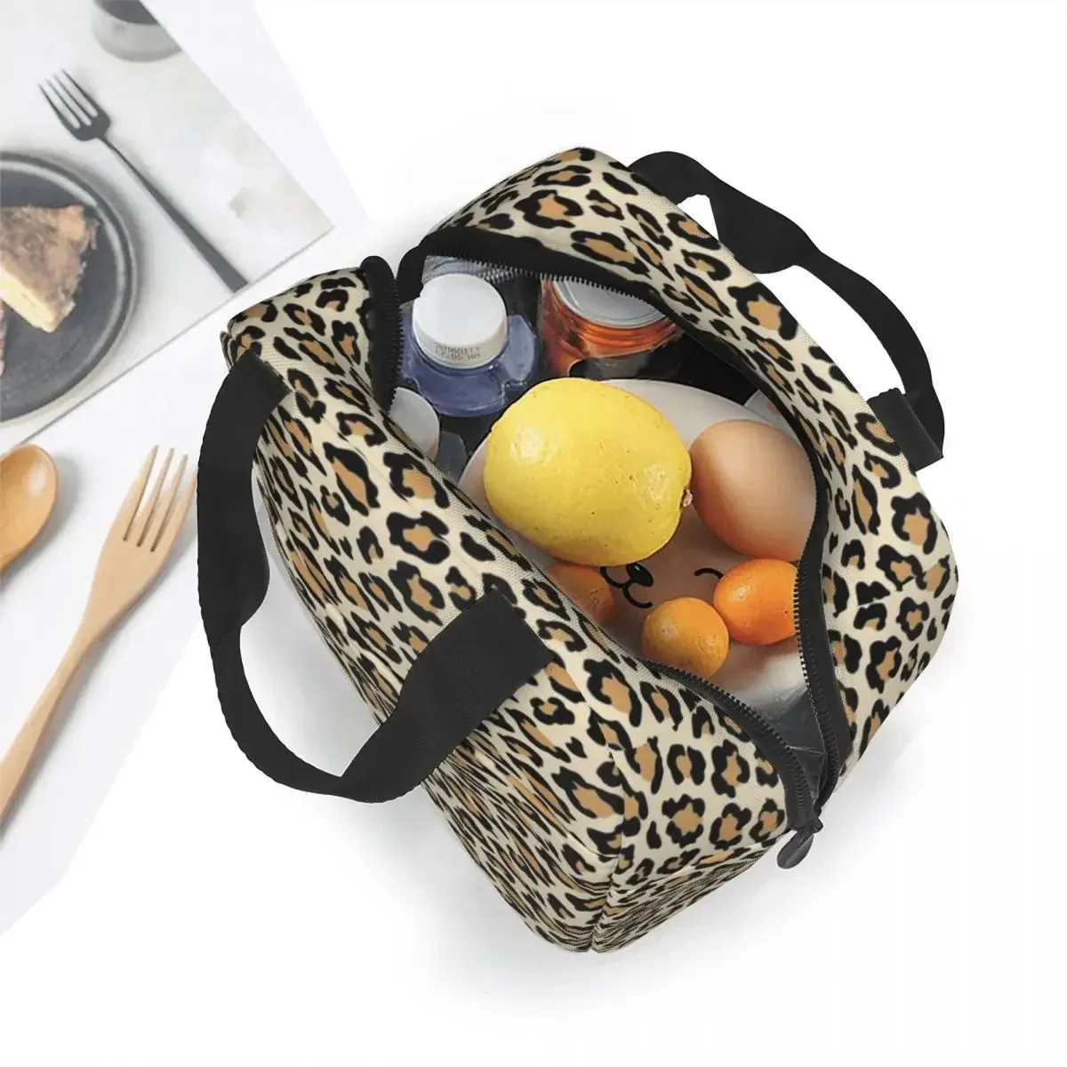 Leopard Print Insulated Lunch Bag Portable Cheetah Animal Cool Black Brown Cats Beige Lunch Container Cooler Bag Tote Lunch Box