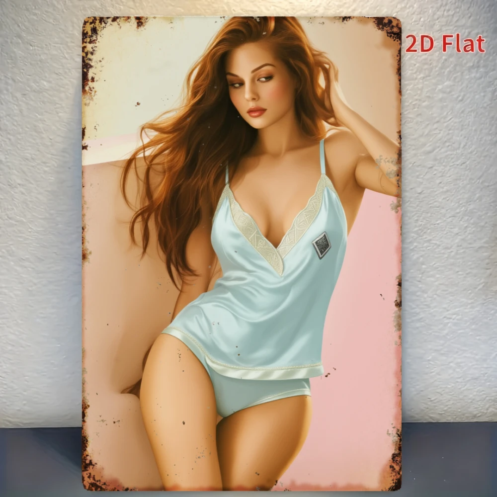 2D Vintage Metal Sign, Flat Shallow Blue Lady Sitting Wall Art, Indoor Home Decor Plaque for Bathroom Garage Kitchen Bar