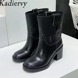 Genuine Leather Short Boots Women Square Heels Runway Shoes Round Toe Slip-on Mid Calf Boots Chunky Heels Chelsea Boots Woman