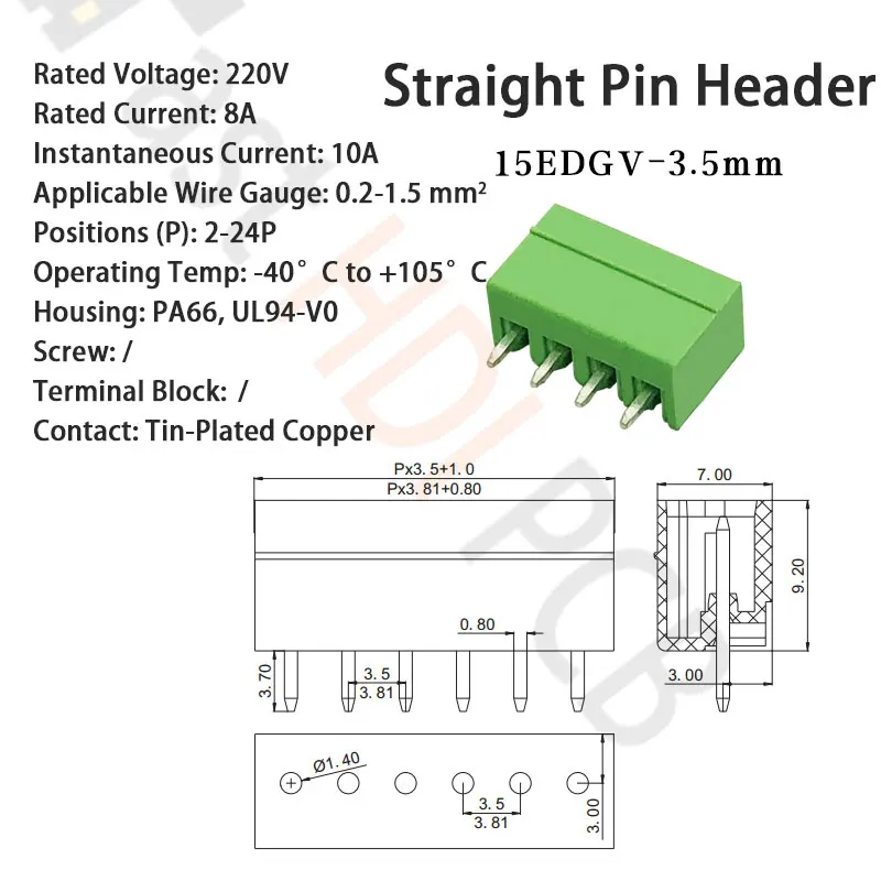 ストレートヘッダ＆プラグアセンブリ | UL94V-0認証 3.5mm PCBヘッダ 2-24P端子 | PA66絶縁体 | エコフレンドリーグリーン