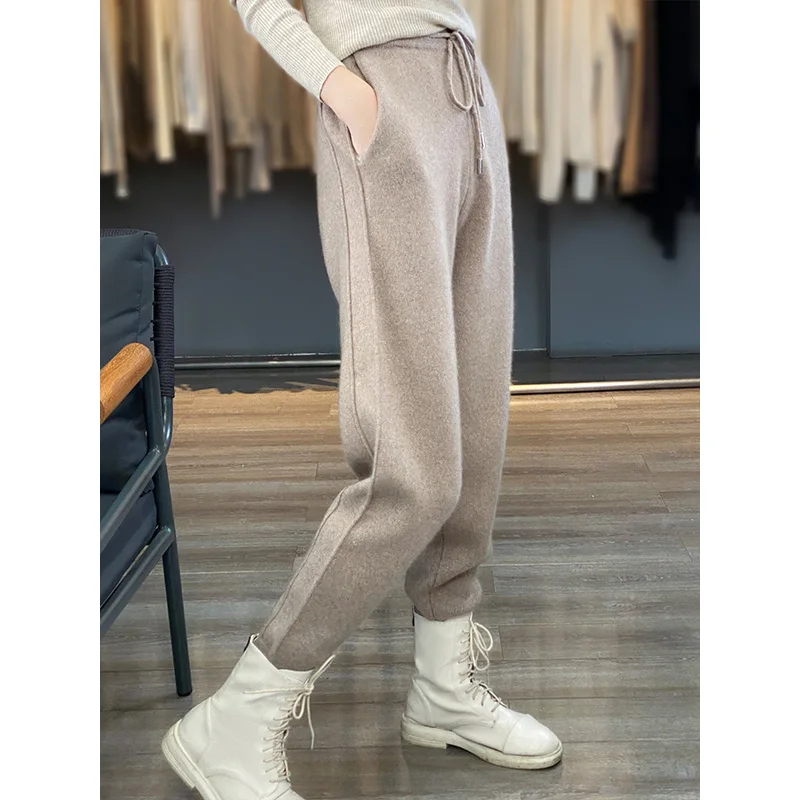 Women Winter Wool Harlan Pants Drawstring High Waist Straight Korean Loose Sweatpants Long Trousers Autumn Warm Pencil Pants