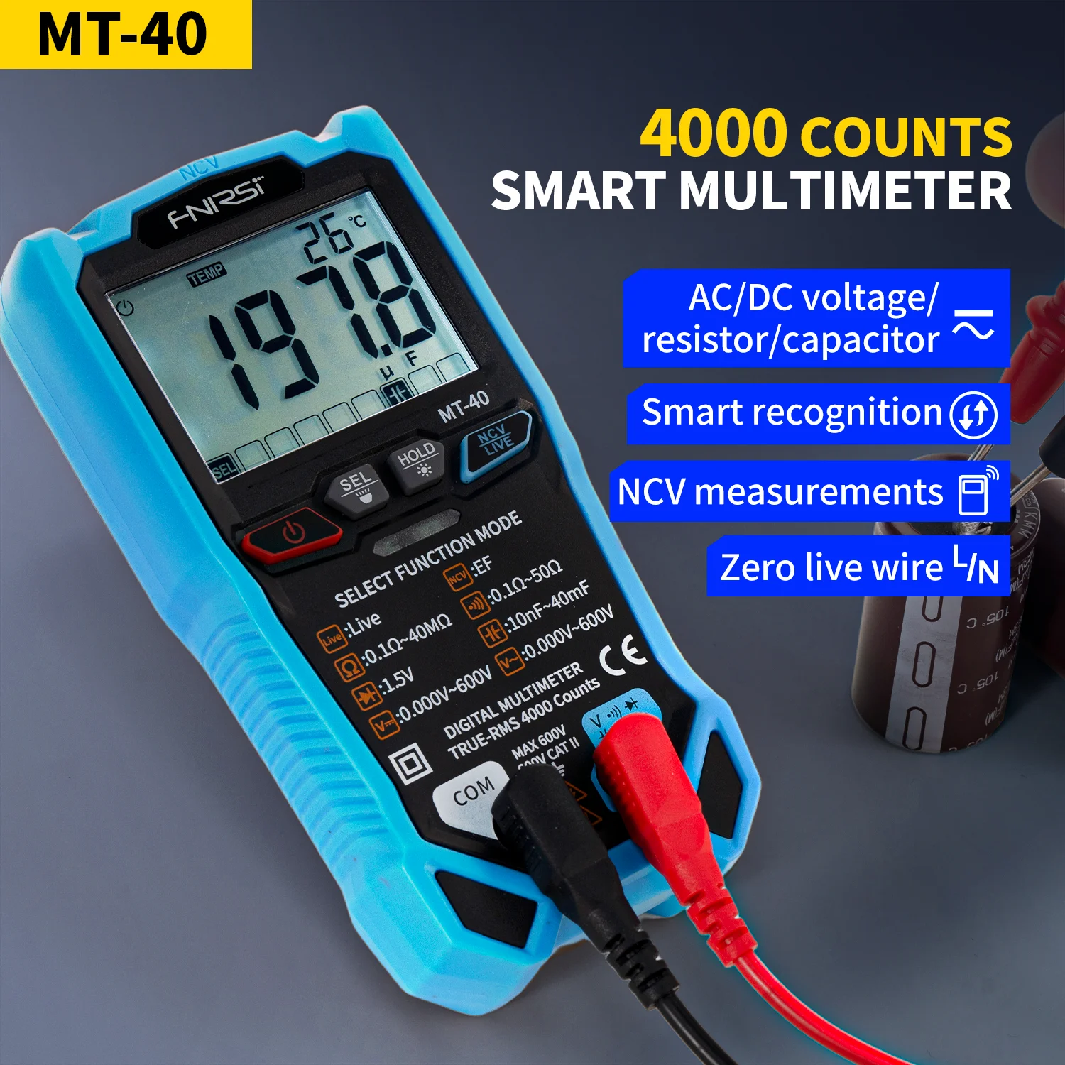 

FNIRSI MT-40 Smart Digital Multimeter 4000 Counts True RMS AC DC Voltage 600V Capacitance Ohm Hz NCV Live Wire Test Auto Range