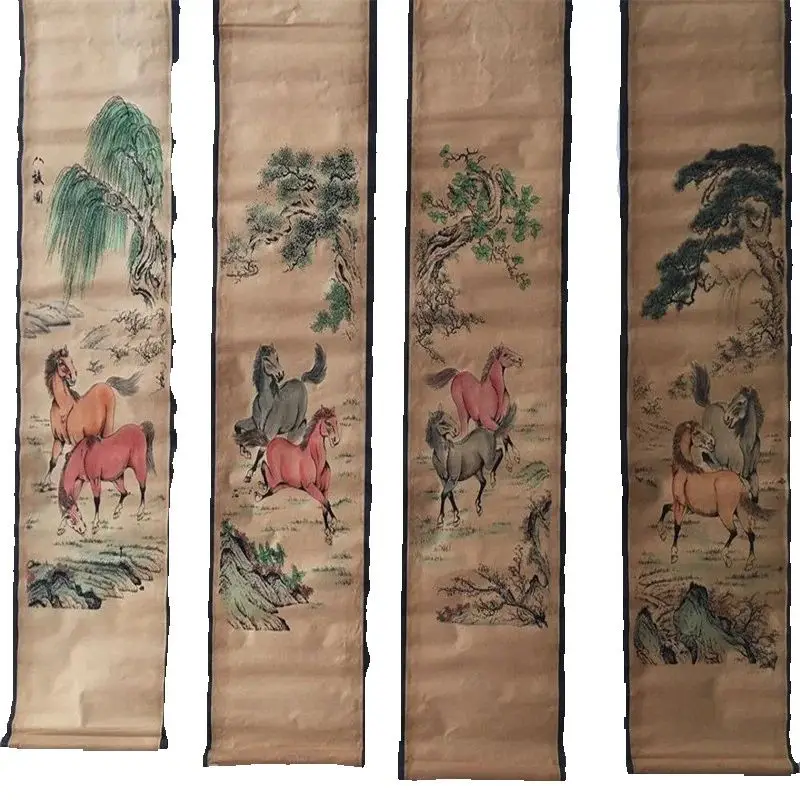 

Chinese Celebrity Painting, Old Scrolls, Four Screen Decorate, Eight Horses