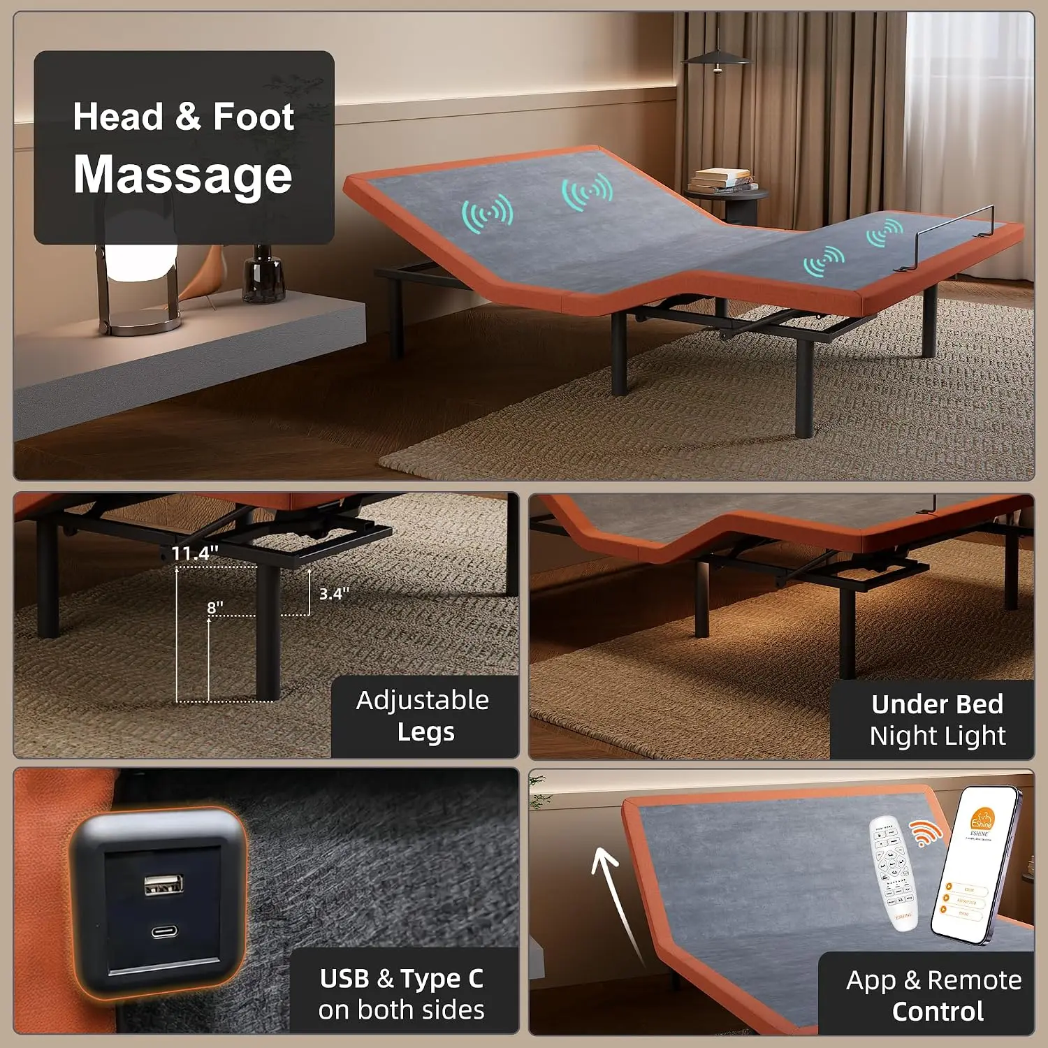 Adjustable Bed Frame Queen Easy Install 5 Minutes 3000lbs Weight Capacity, Customized
