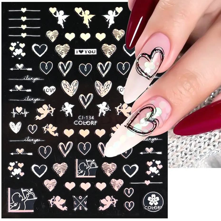 New Valentine's Day Nail Art Stickers Laser Love Rose Cupid 3D Stickers Cartoon Lovers Bear Stickers For Nails Nail Art Supplies