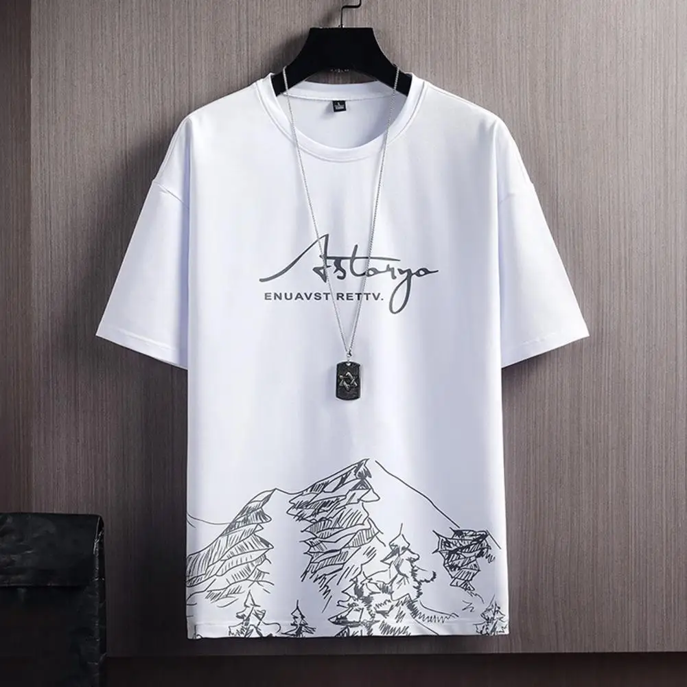 Crew Neck Men T-shirt Snow Mountain Print Short Sleeve Casual T-Shirt 3D Cutting Scene Pattern Loose Pullover Tee Shirt Male Tee