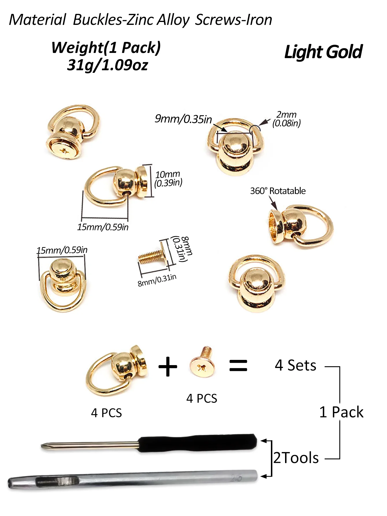 4 Sets Metal Ball Studs Rivets D Ring with 2 Tools  for Leather Crossbody Purse Craft, Handbag Barrel-shaped Zinc Alloy Bucket