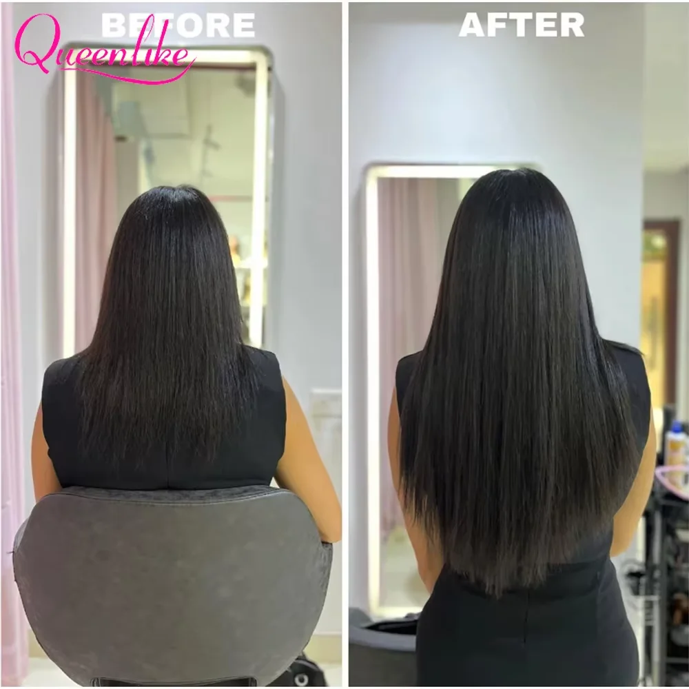 Queenlike Clip-In-Haarverlängerungen aus Echthaar, brasilianisches, glattes Clip-In-Haar in natürlicher schwarzer Farbe, Clip-Ins, Remy-Haarverlängerungen – Detail 5