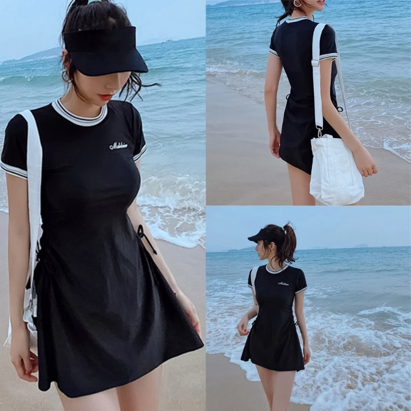 Women Two Pieces Split Swimsuits Short Sleeves Swimdress with Boyshorts for Spa Dropship