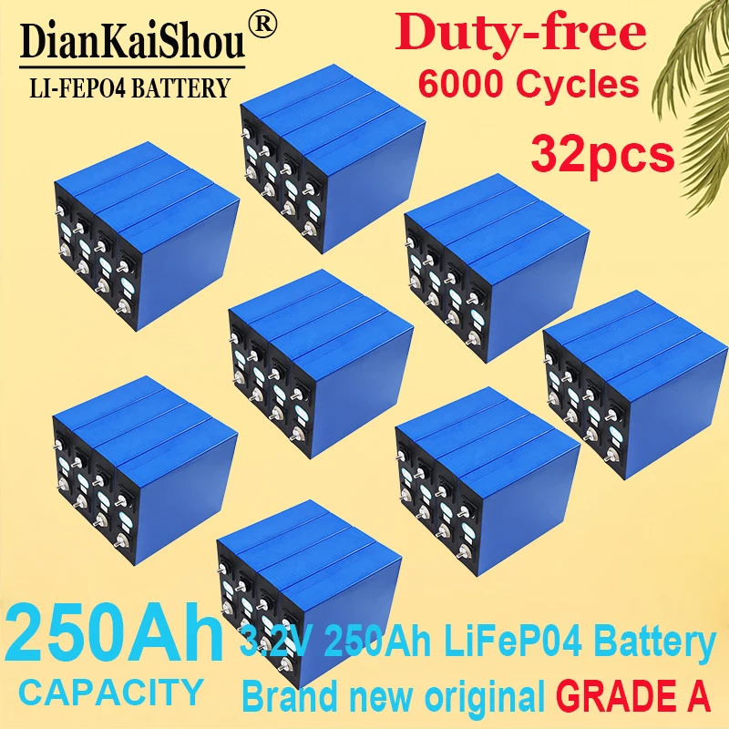 

32 pcs Original 3.2V 250Ah Lifepo4 Battery Lithium Iron Phosphate Cell Travel Solar RV Campers batteries Grade A Tax Free