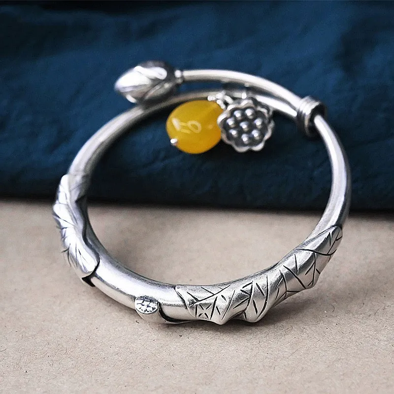 With Flower Design, Vintage Ethnic Style, Amber, Old , Traditional Push-Pull Silver Bracelet