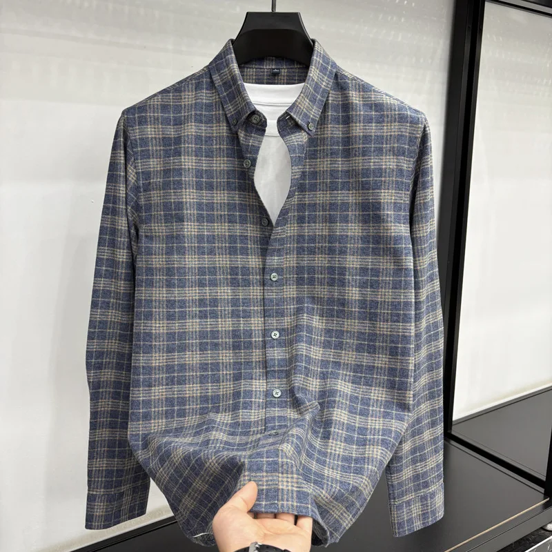2025 Double Scrub Long Sve Mens Plaid Shirt Washed Casual Nine Sleeve PU Leather Cleanfit Citywalk Shirt for Men