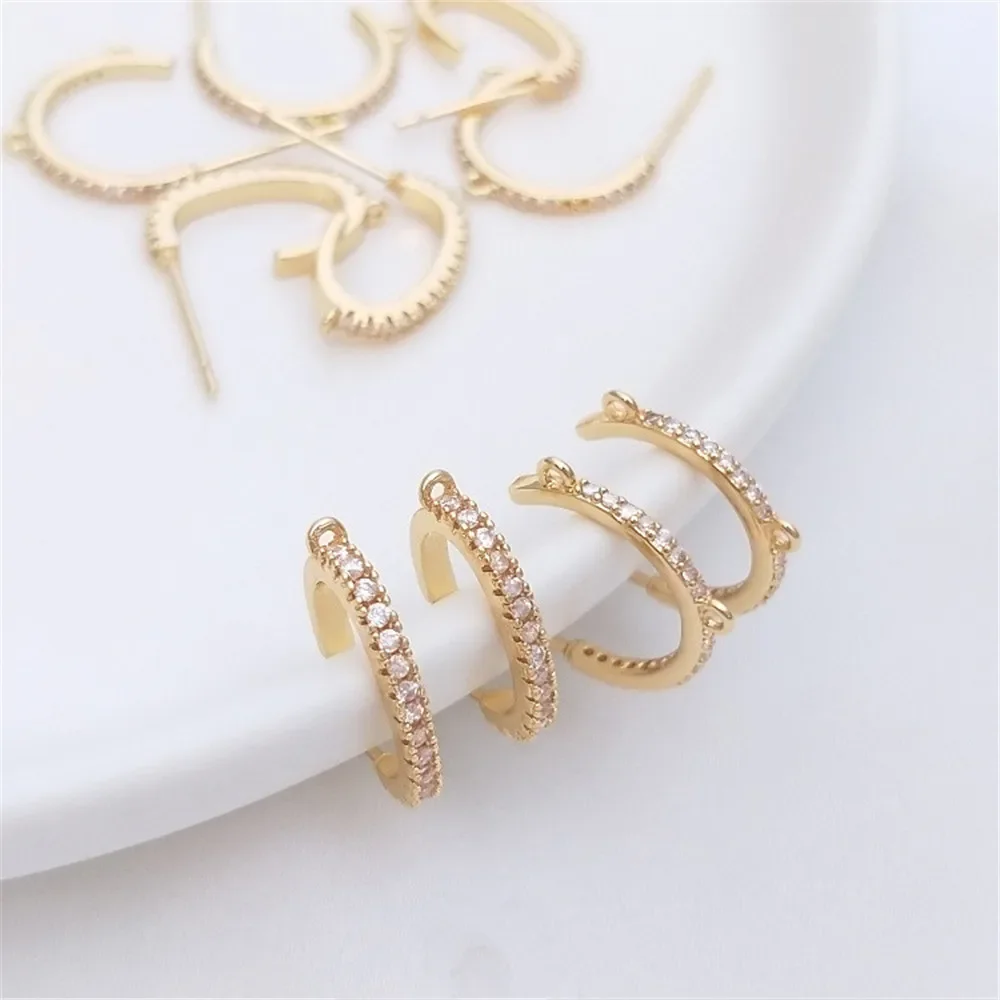 

14K Gold Plated Zircon C-shaped semicircle with hanging studs S925 silver needle earrings handmade earpiece