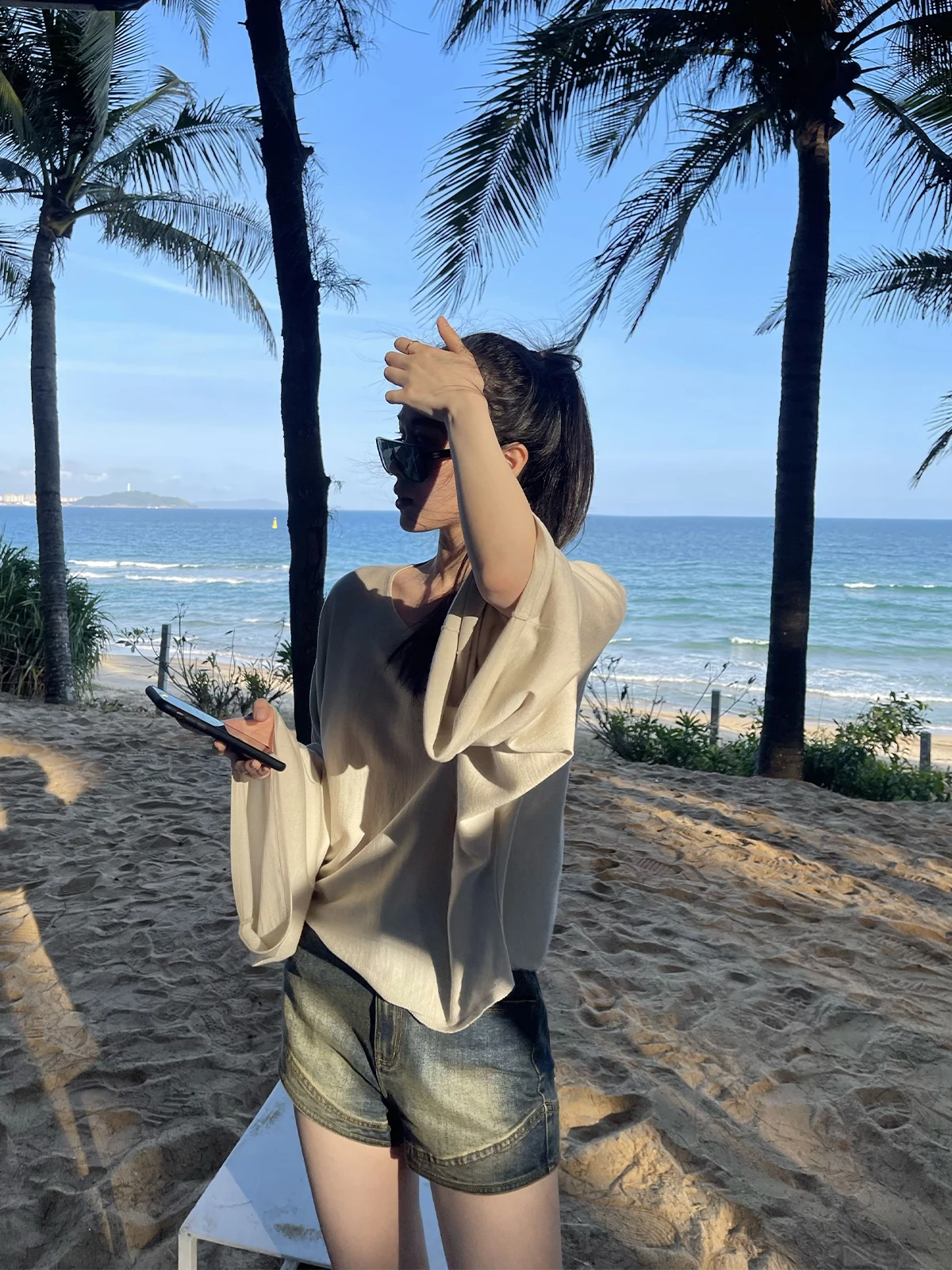 

ZhouMiao Acetate Wool Loose Fit ort Knitted Cover up Top Women Spring Faion Svel round Ne Pullover Slimming Effect