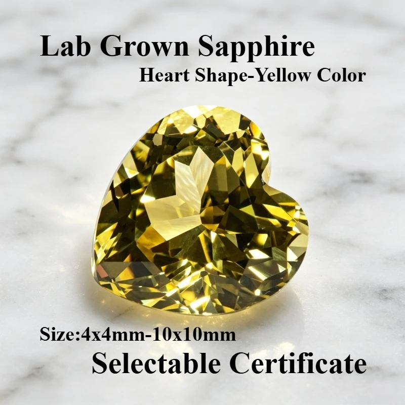 Saphir de laboratoire de qualité supérieure, forme cœur, couleur jaune, pierre précieuse pour la création de bagues, colliers et boucles d'oreilles DIY, certificat sélectionnable