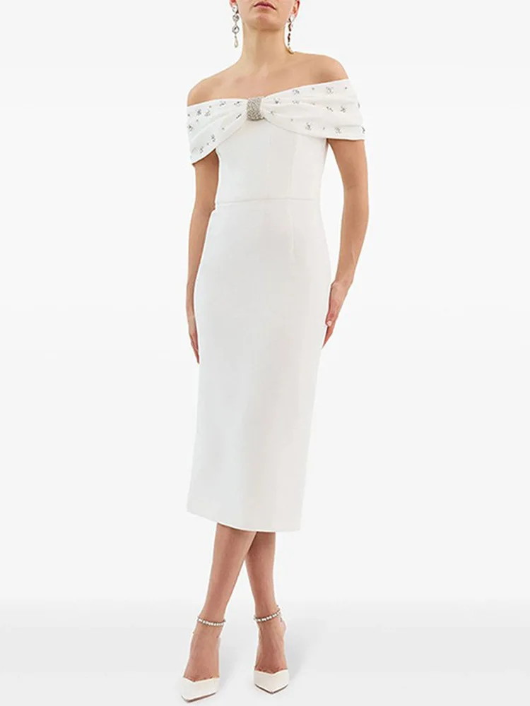 

Faionable One-oulder Beaded High Elastic Slim Wrap Dr Midi Length Par Wedding Banquet Evening Gown Polyester Spandex