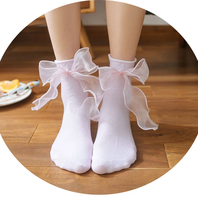 

1Pairs/2pcs Women's Long Gauze Bow Socks.Casual Female Contrast Color Short Socks.Cute Ladies Bow Knot Sox