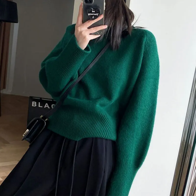 Koreaanse Vintage Losse Truien Herfst Winter Effen Kleur Basis O-hals Dameskleding Pendelen Lange Mouw Casual Gebreide Truien