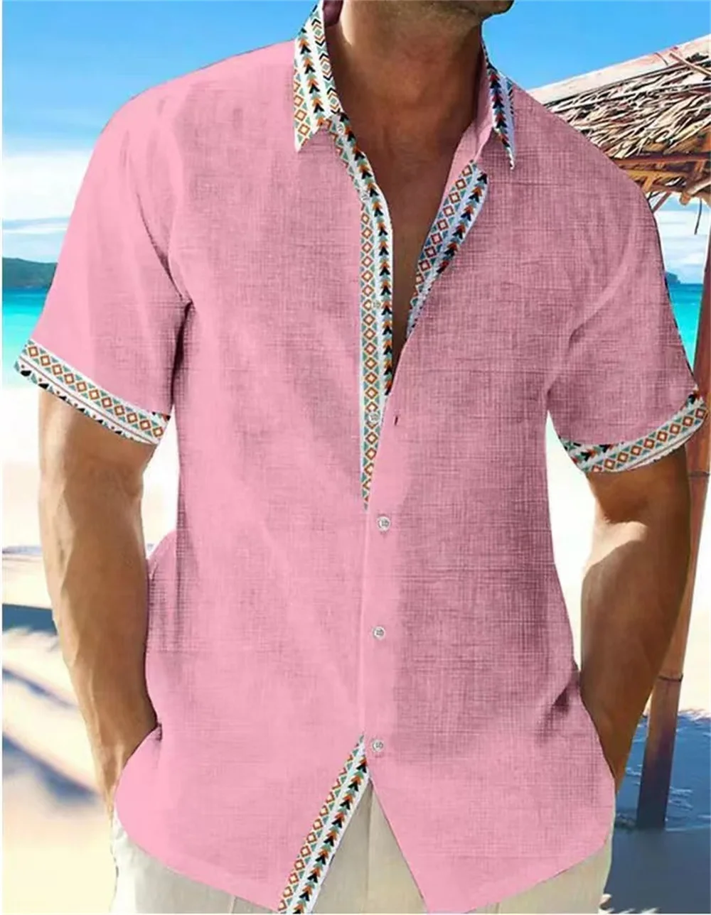 Camisa hawaiana de lino de manga corta para hombre, cárdigan informal con estampado étnico, talla grande, color sólido, Verano