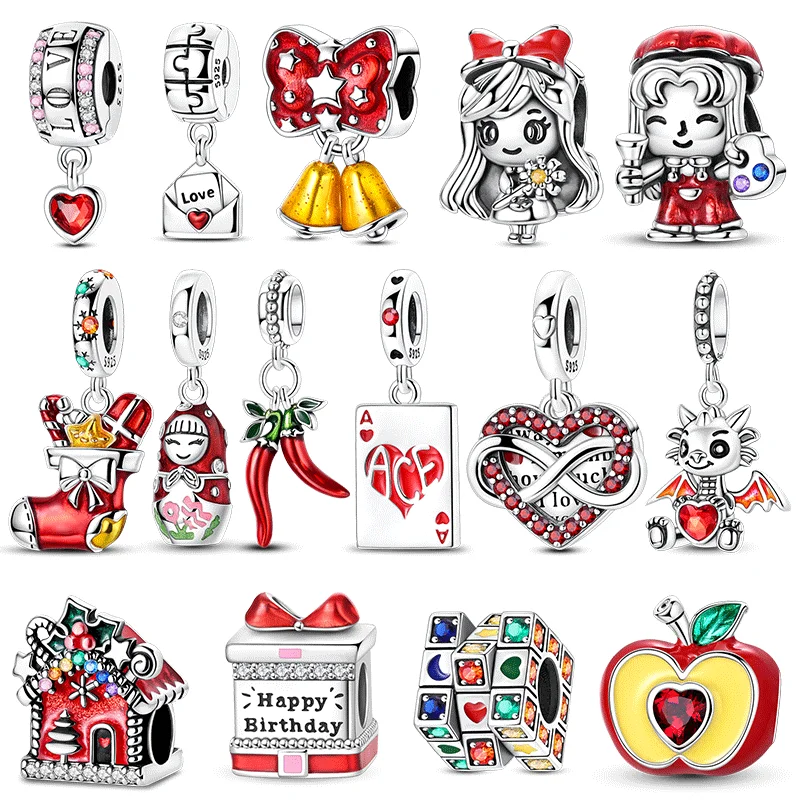 

Lovely 925 Sterling Silver Red Series Rubik's Cube Christmas Cottage Pendant Fit DIY Bracelet Necklace Boutique Birthday Gifts