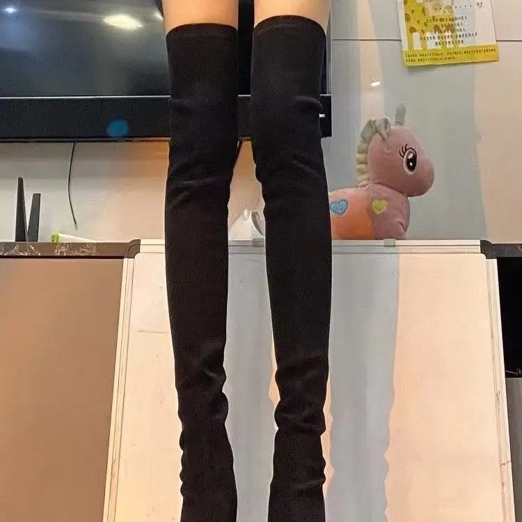 Fall 2025 Women's Over-Knee Long Boots Pointed Toe High Heel Faux Fur Surface Thick Heel Elastic Korean Style Winter Boots