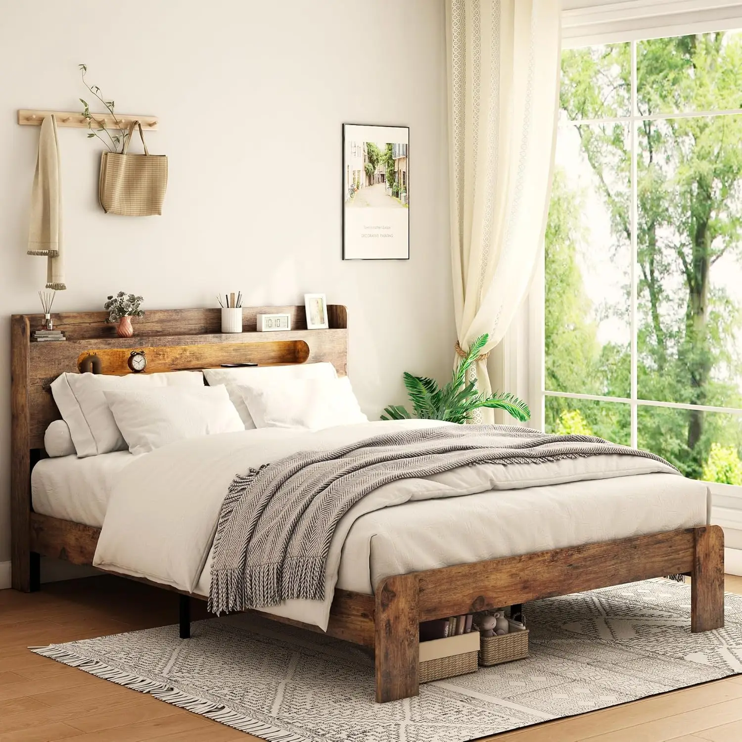 Wooden King Size Bed Frame With Storage Headboard, Farmhouse Platform Bedframe With Charging Station & Led Lights,, Customized