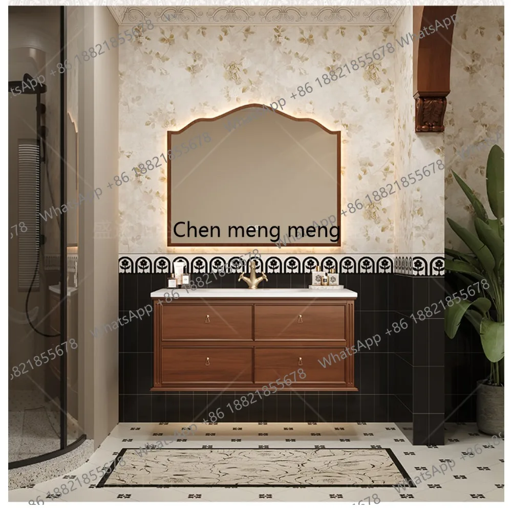 American retro style bathroom cabinet combination double basin rock slab hot bending integrated washbasin washbasin sink
