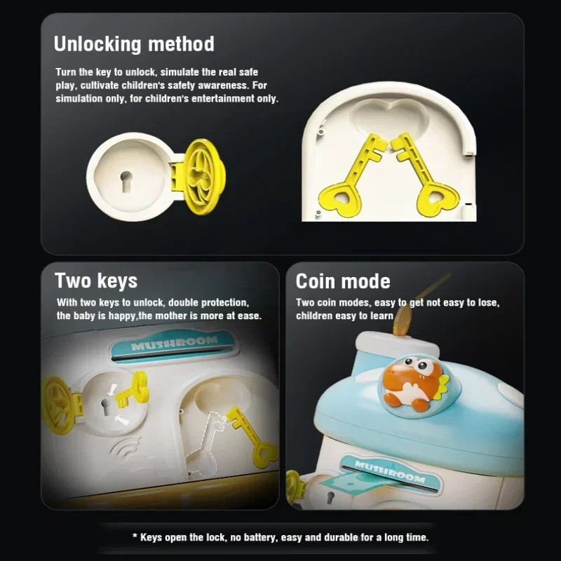 Hucha para niños, hucha en efectivo, juguete para niños, bancos de cajero automático, depósito de ahorro, casa de setas de dibujos animados, bote de dinero con desbloqueo de llave