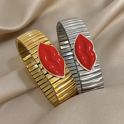 Chunky Stainless Steel Bracelet With Red Lip Pattern Fashion Adjustable Elastic Watchband Bracelets Waterproof Jewelry