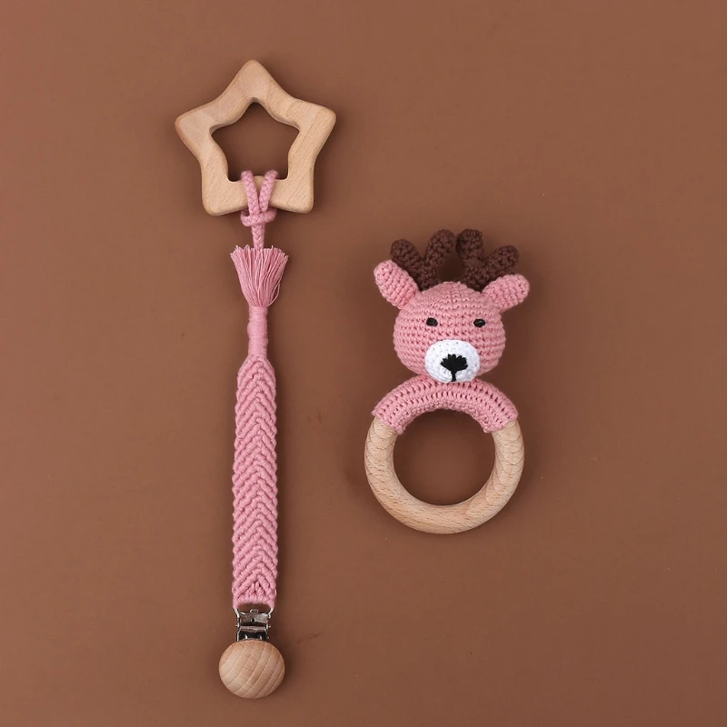 

3PCS Baby Rattle Pacifier Clips Chain with Teether Beech Gifts Set G99C