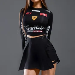 Europe American Spicy Girl Tight Racing Style T-shirt Sping New Long Sleeved Letter Printed Round Neck Top Tees Wild Base Shirt