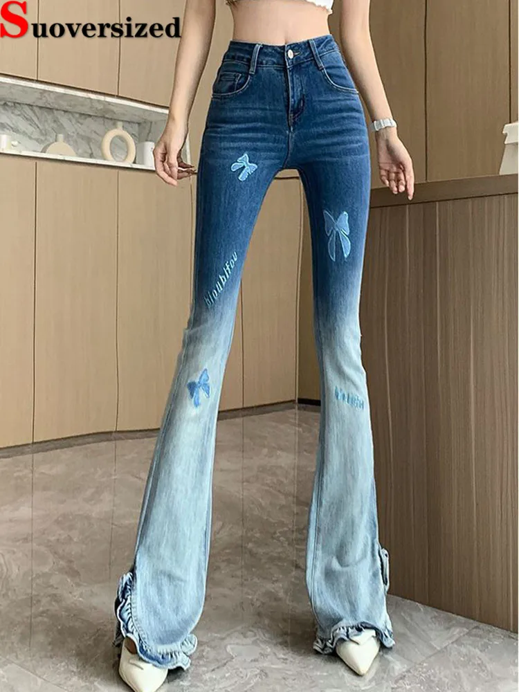 

Slim Butterfly Embroidery Flared Jeans Women's Casual Vintage Fashion Denim Pants High Waisted Wide Leg Streetwear Vaqueros