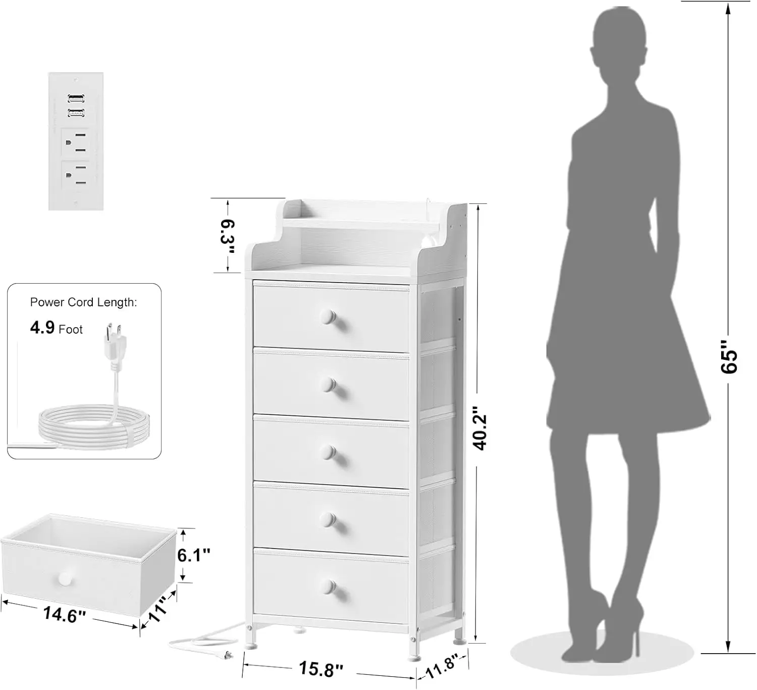 

Reahome 5 Drawer Dresser For Bedroom With Charging Station And Led Lights, White Chest Of Drawers With With Shelves, Tall Night