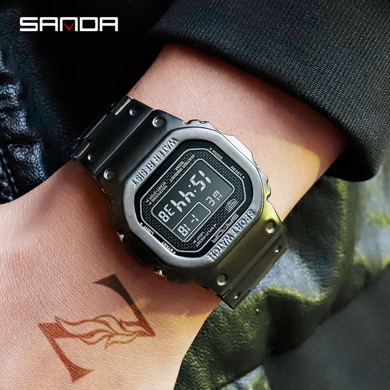 SANDA 390 Men\'s Watch Fashion Square LED Digital Waterproof Sports Stainless Steel Strap Digital Electronic Watches for Male