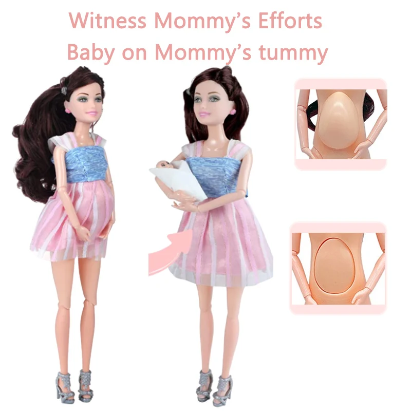 11.8\'\'/30cm Movable Joints Pregnant Dolls Mom With 2 Babies On Her Tommy Modern Dress Princess Doll Educational  Interactive Toy