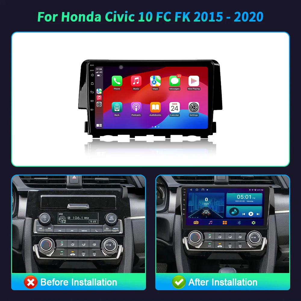 Android 14 For Honda Civic 10 FC FK 2015-2020 Car Radio Navigation Wireless Bluetooth CarPlay Multimedia GPS Touch Screen Stereo