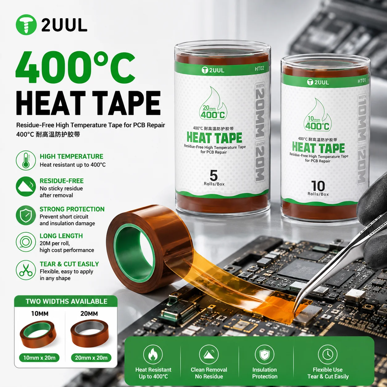 2UUL HT01/HT02 400°C Heat Tape Residue Free High Temperature 10mm/20mm Width for Phone PCB Soldering Repair Protection 20m Tool