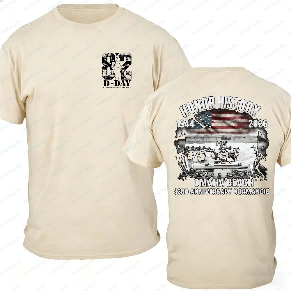 82nd Anniversary D-Day Normandy Landing 2026 Tshirt Men's Omaha Beach Honor History 1944-2026 US Flag Military Cotton Casual Top