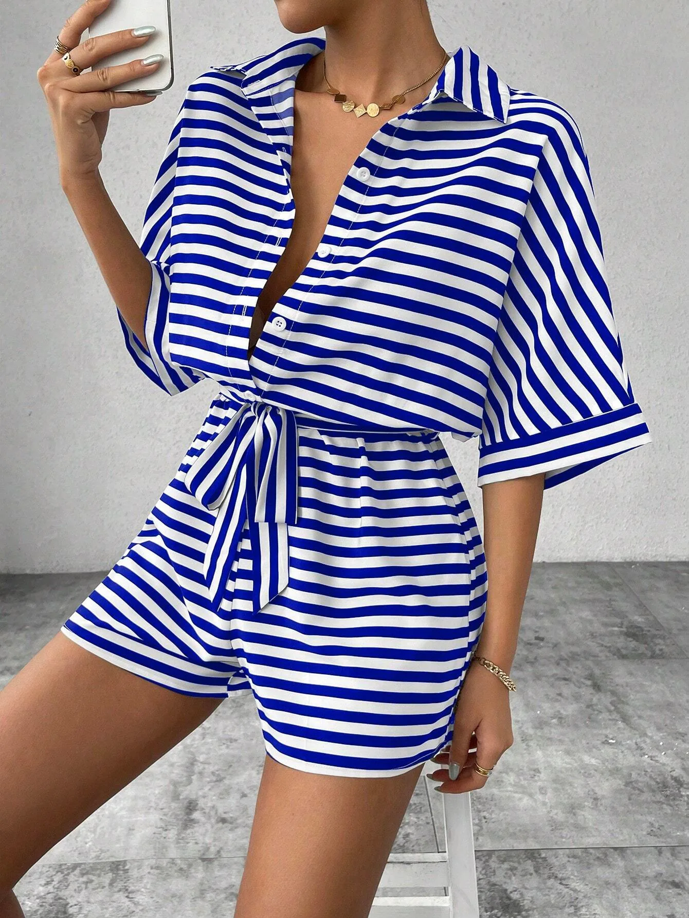 Women's Jumpsuit 2025 Fashion Trend Spring/Summer New Women's Striped Collar Cardigan Button Belt Shorts Combo Set Women's Top