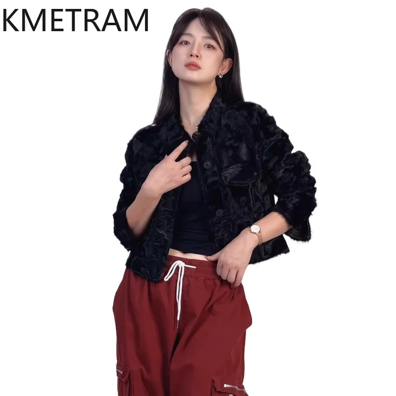 

KMETRAM 100% Natural Sheepskin with Wool Attached Coat Lightweight Short Black Real Fur Jacket 2026 Winter Woman Clothing шуба