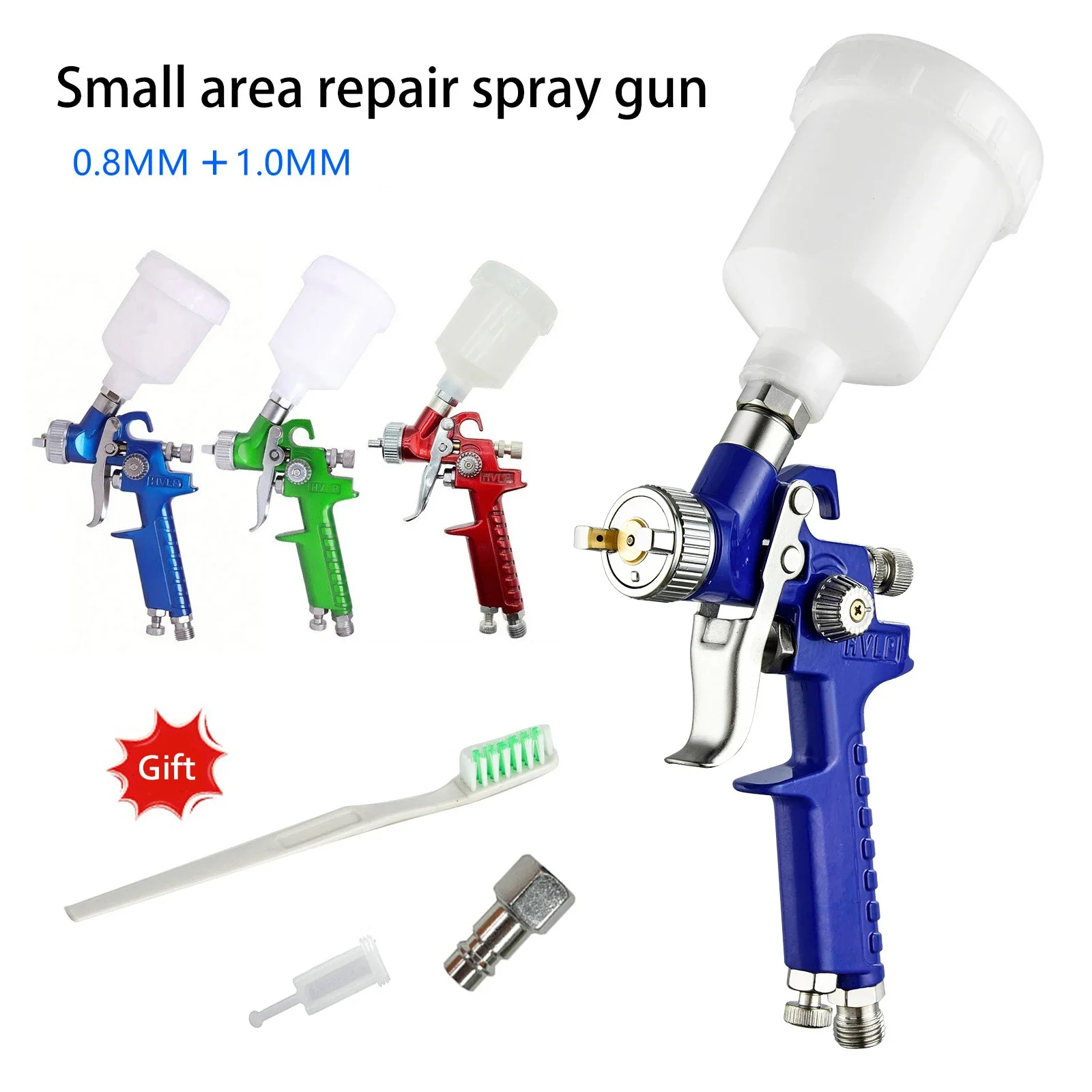 

1set Mini Pneumatic Spray Gun 0.8/1.0 Mm Nozzle 125 Ml Capacity - For Automotive Painting And Repair Blue, Green Red Yellow.