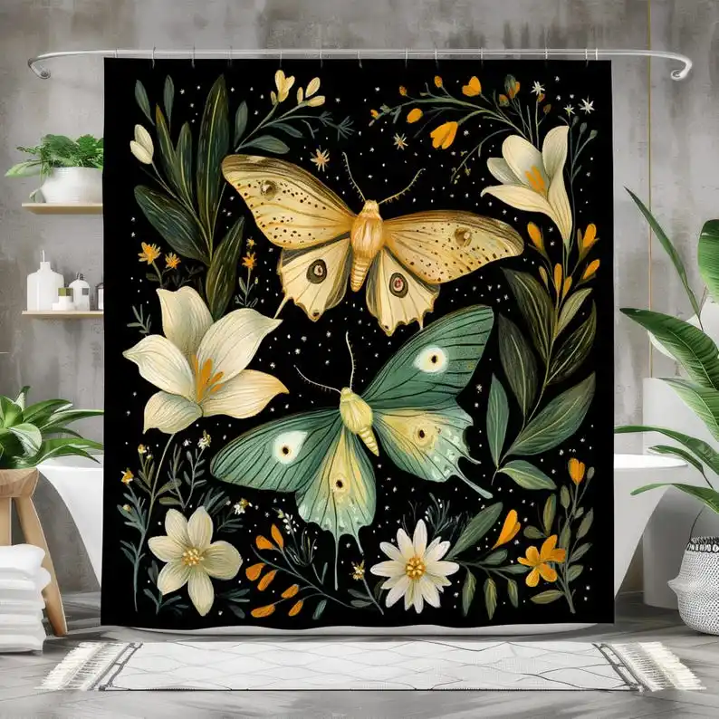 Moth Floral Shower Curtain, Vintage Insect Art Bathroom Decor, Cream and Gold Flowers on Black Fabric Curtain for Boho