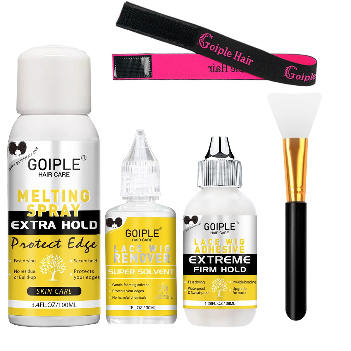 Goiple 5PCS Professional Wig Installation Kit with Lace Glue Melting Spray Remover Elastic Band and Silicone Brush for Beginners
