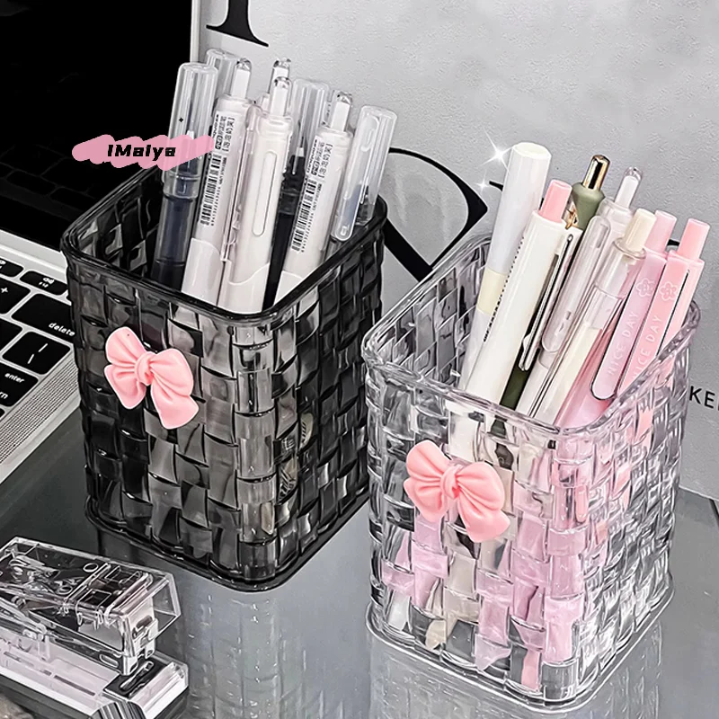 

Настольный держатель для ручек и коробка для хранения M-1Pc с декоративным бантом и корзиной для хранения, подходит для хранения офисных принадлежностей.