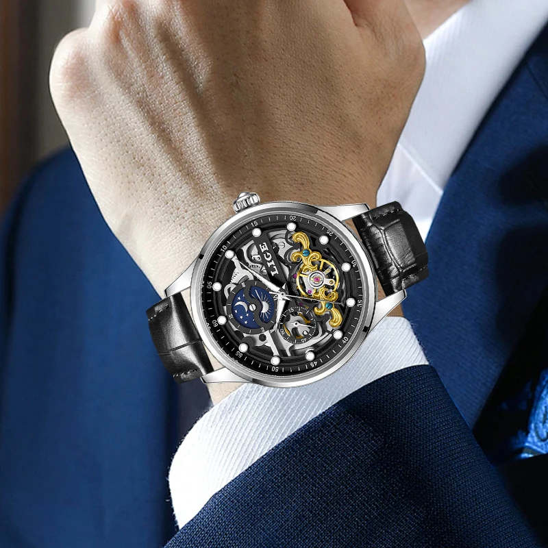 Men's Simple Dial Mechanical Watch with Leather Strap