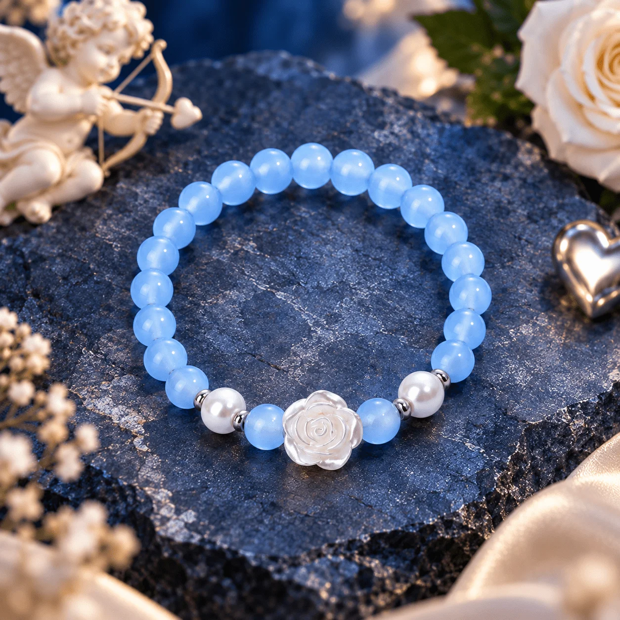 Blue Agate Rose Bead Bracelet, Light Blue Round Beads Paired with Imitation Pearls, Elegant French Style Wrist Accessory for Wom